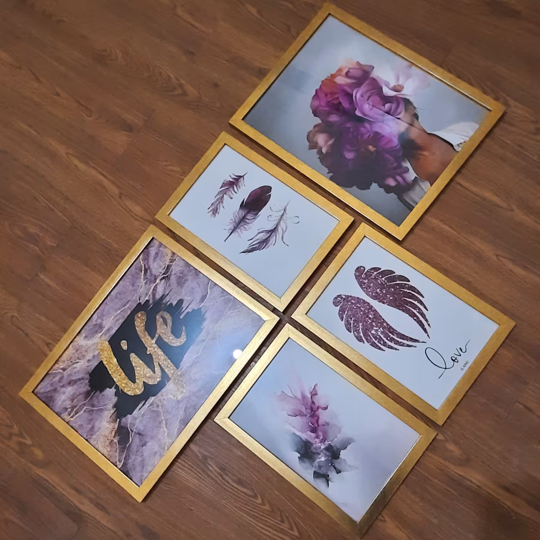 تابلو دکوراتیو مدرن 5 تکه طرح بنفش و طلایی با قاب