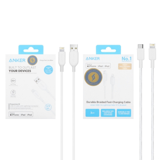 کابل USB-C به لایتنینگ انکر مدل A81B5H21 طول 0.9 متر به همراه کابل USB-A به لایتنینگ انکر مدل A8813H21 طول 1.8 متر