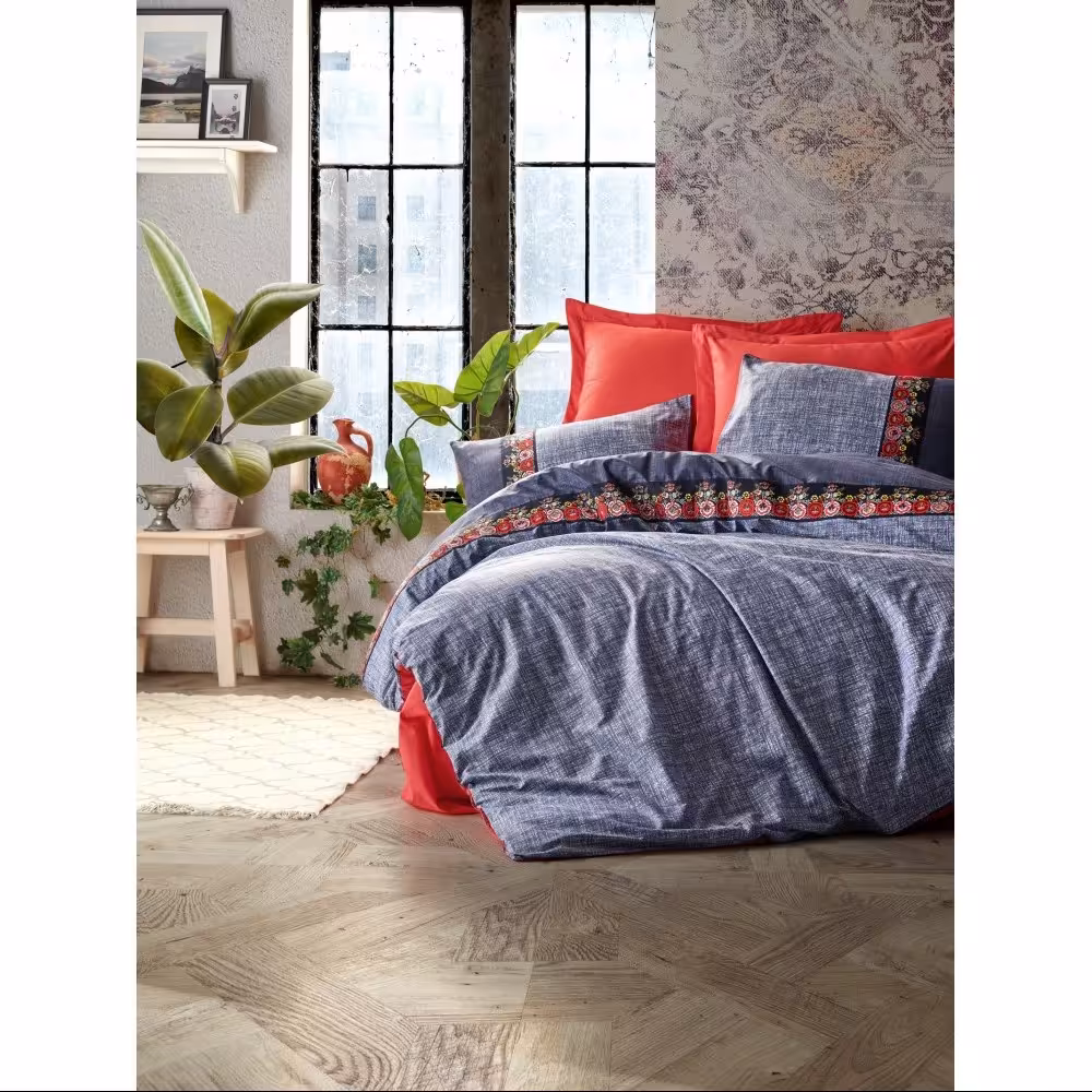 ست ملحفه کاتن باکس مدل Folk Art Lacivert  تکنفره 3 تکه