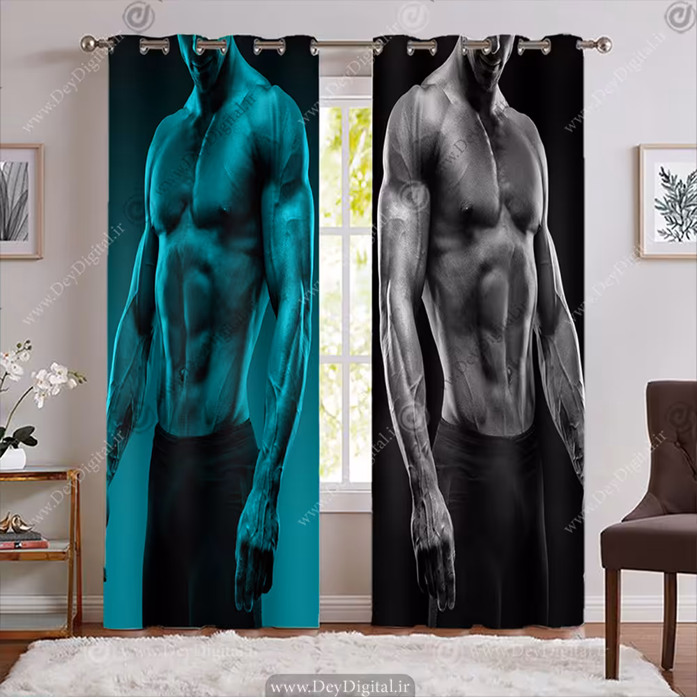 پرده پانچی باشگاه بدنسازی طرح بدن کات با رمینه آبی و سرمه ای BA-7523-s