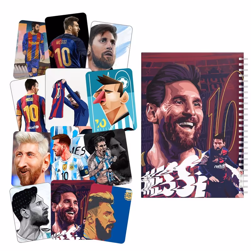  دفتر مشق باژیکان طرح فوتبالی مسی کد 20213283 به همراه استیکر لپ تاپ مجموعه 12 عددی