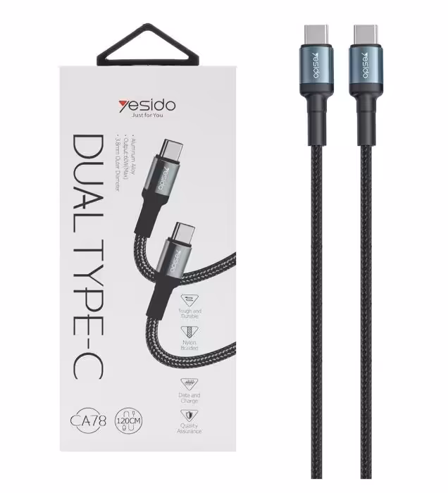 کابل شارژ 1.2 متری فست یسیدو تایپ سی به تایپ سی مدل CA78