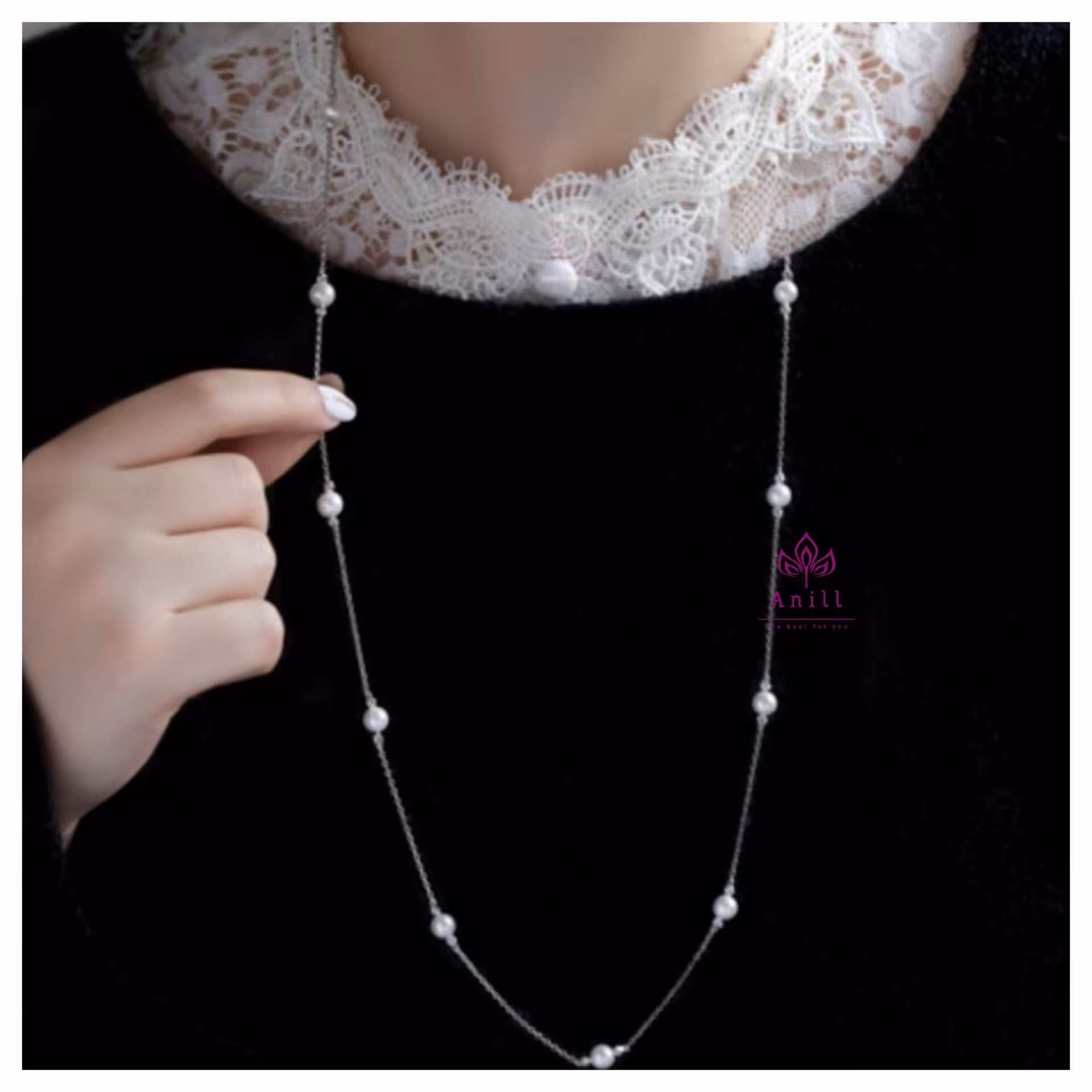 گردنبند رولباسی مرواریدی نقره ای کد 600