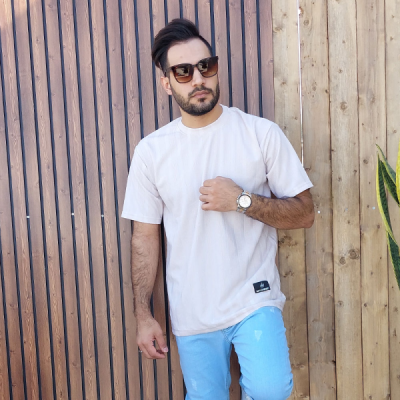 تیشرت مردانه یقه گرد مراکشی راه راه کرمی
