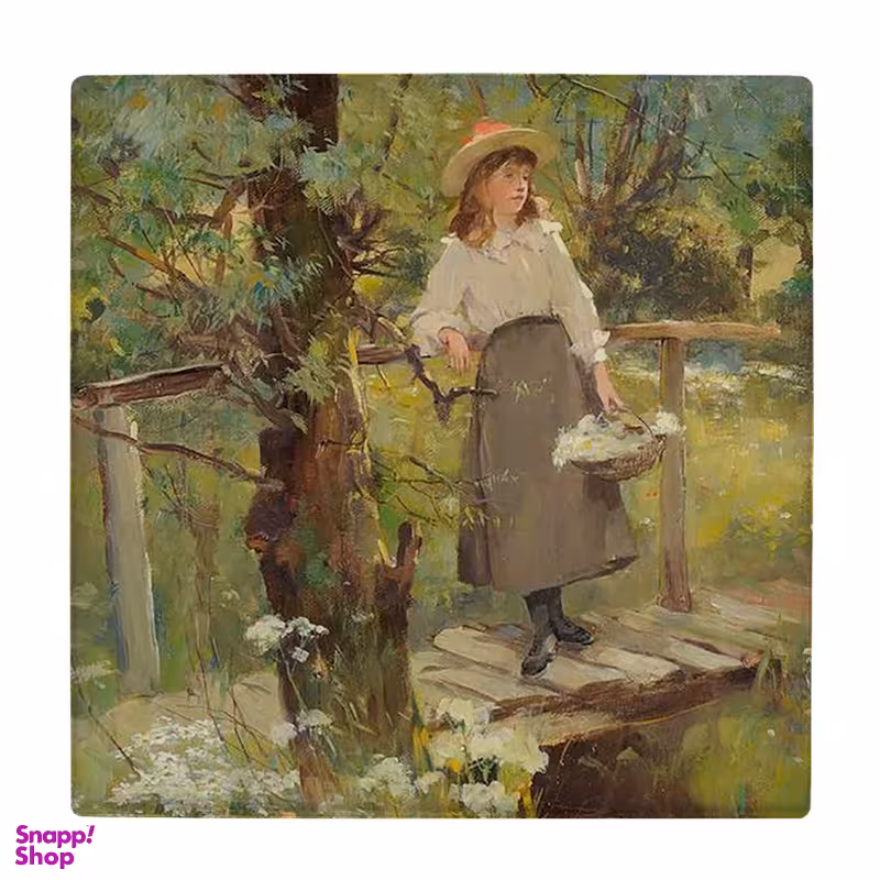 زیر لیوانی  طرح نقاشی بانو روی پل چوبی کد 5862950_4392