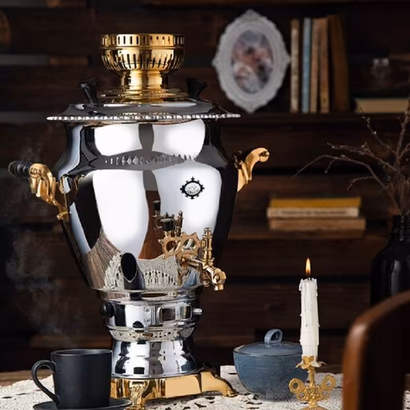 سماور گازی عالی نسب مدل گنجینه نفیس طلائی 6 لیتری پیلوت دار