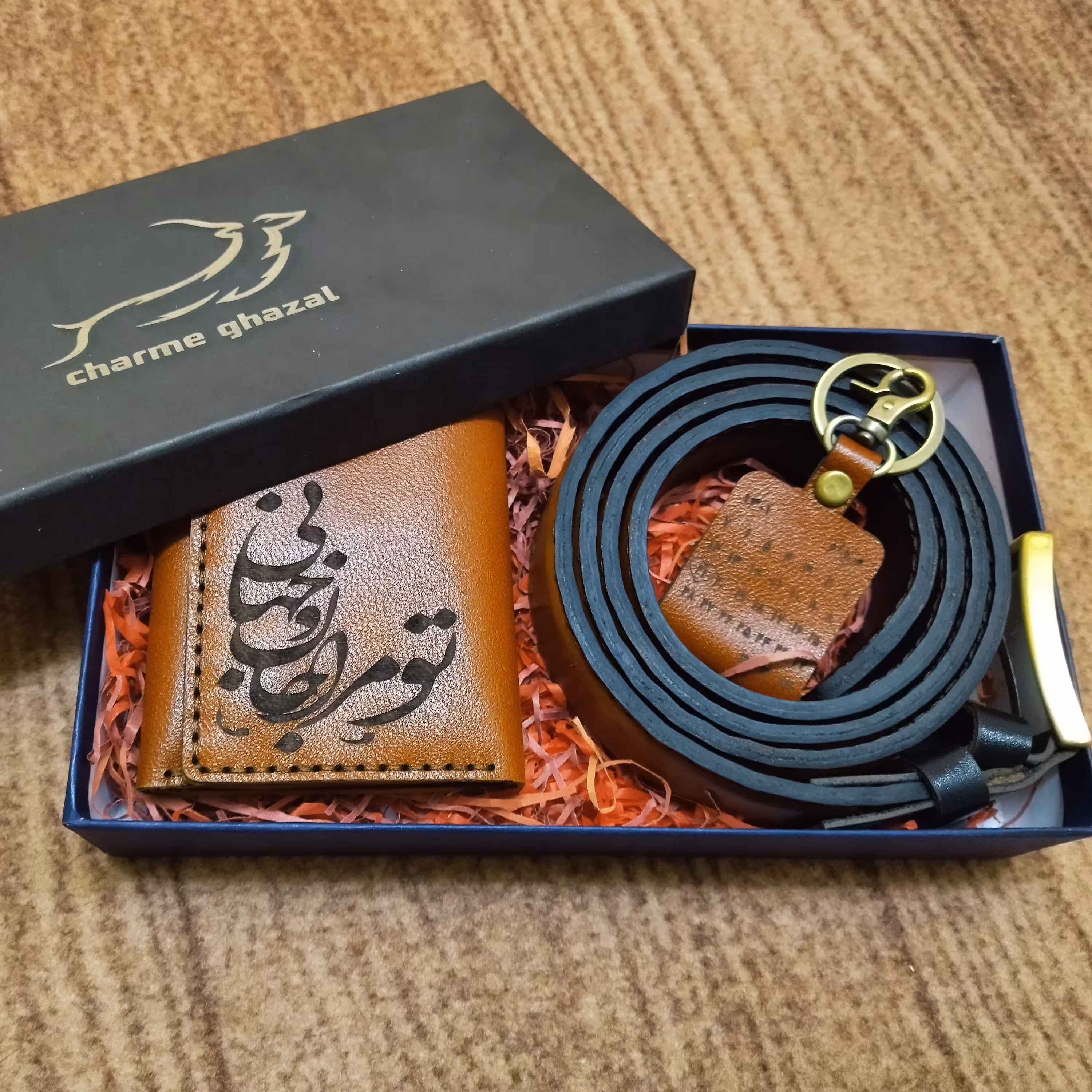 ست کیف پول جیبی و کمربند چرم طبیعی گاوی دست دوز