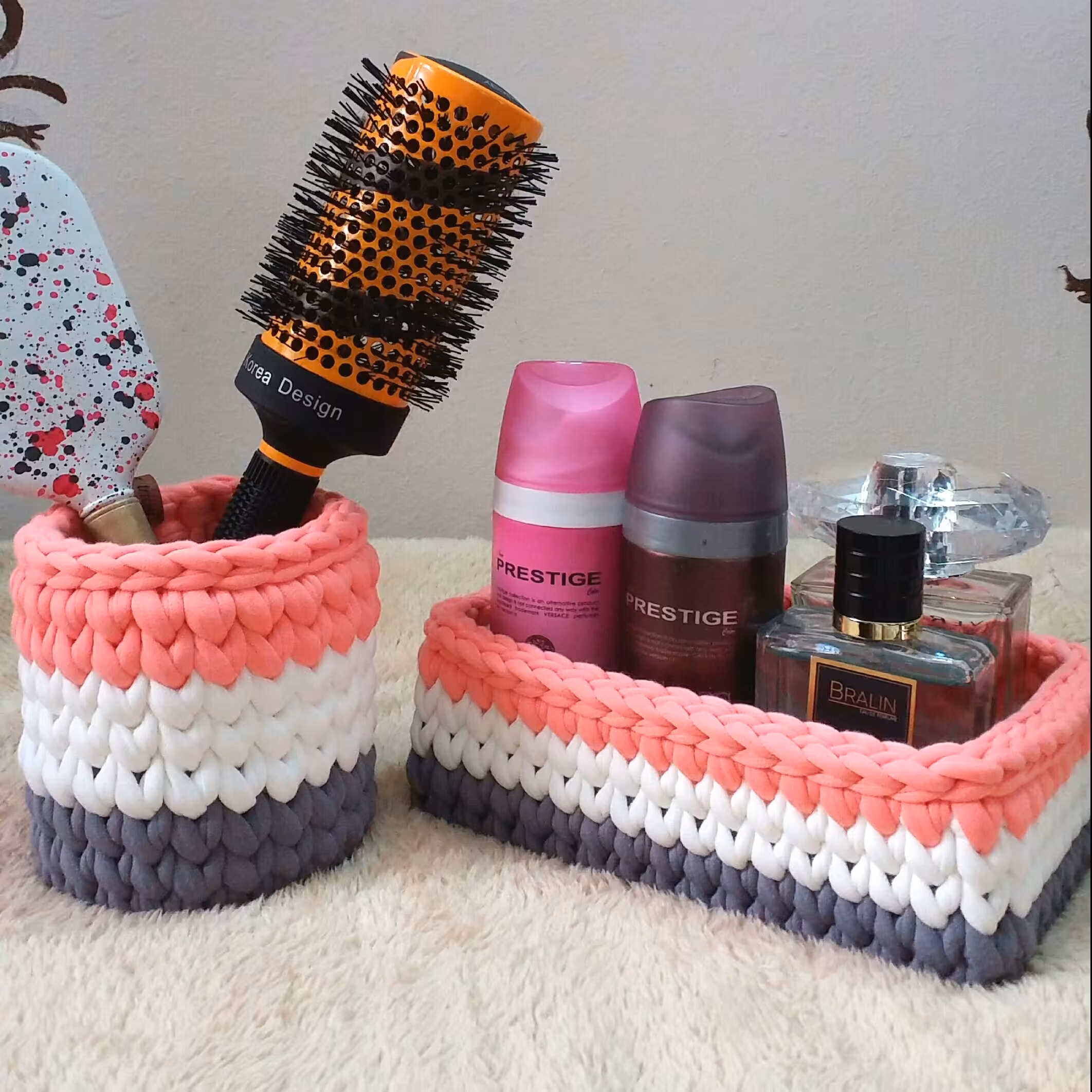 ست نظم دهنده تریکویی خاکستری گلبهی مناسب لوازم آرایشی انواع ست تریکو