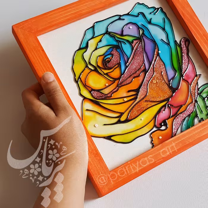 تابلو گل رز هفت رنگ نقاشی روی شیشه (ویترای) قاب سفید