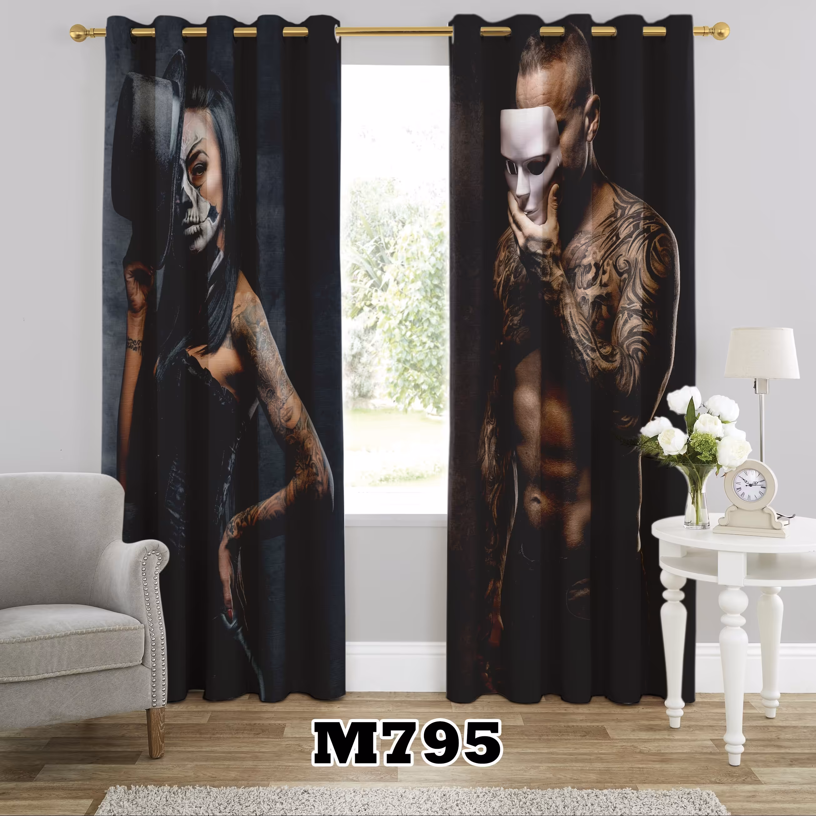 پرده چاپی طرح رخ کد M795 تک قواره ارتفاع 300 عرض 140 سانت