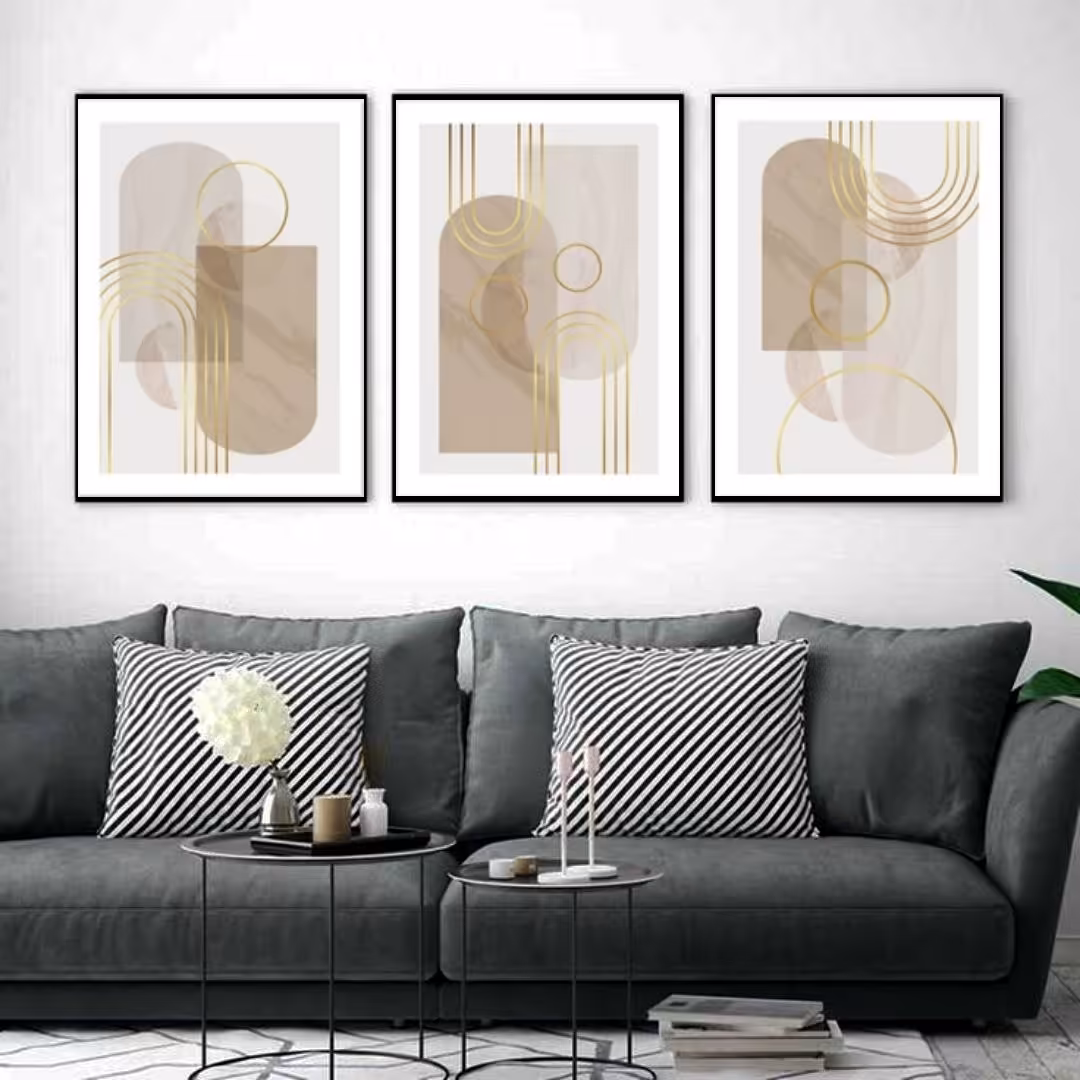 تابلو دکوراتیو مینیمال ومدرن طلایی وکرم سه تکه