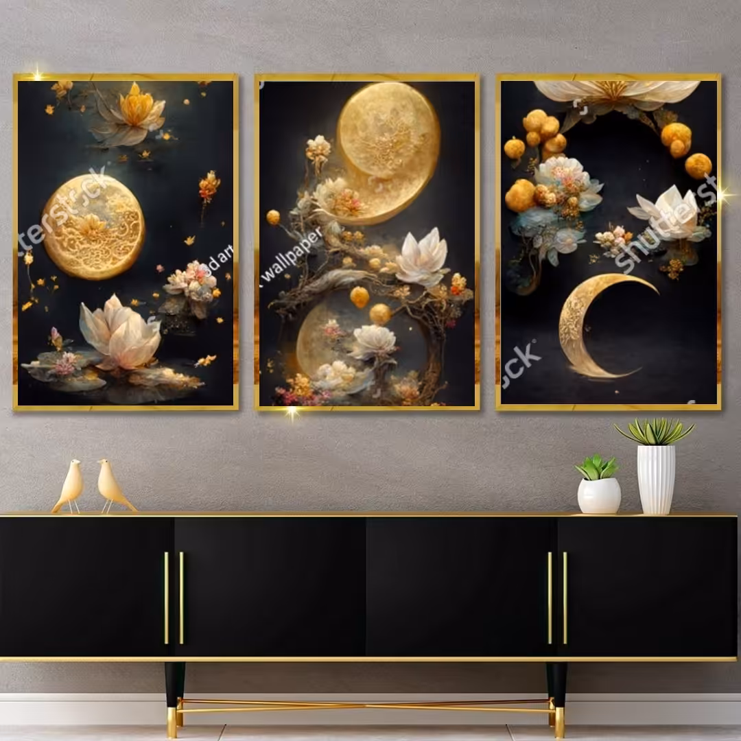تابلو دکوراتیو  گلهای نیلوفر سفید وماه سه تکه 