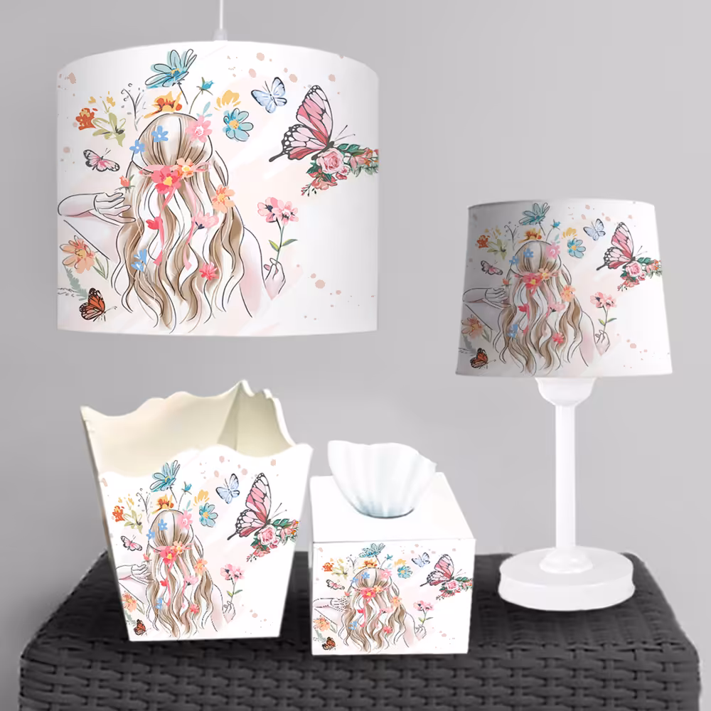 ست چراغ خواب و لوستر و ساعت دیواری اتاق کودک طرح فانتزی دختر و پروانه با زمینه روشن BA-4890