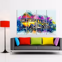 تابلو شاسی 4 تکه طرح نقاشی ماشین های قدیمی کد 178 سایز 120x80 سانتیمتر