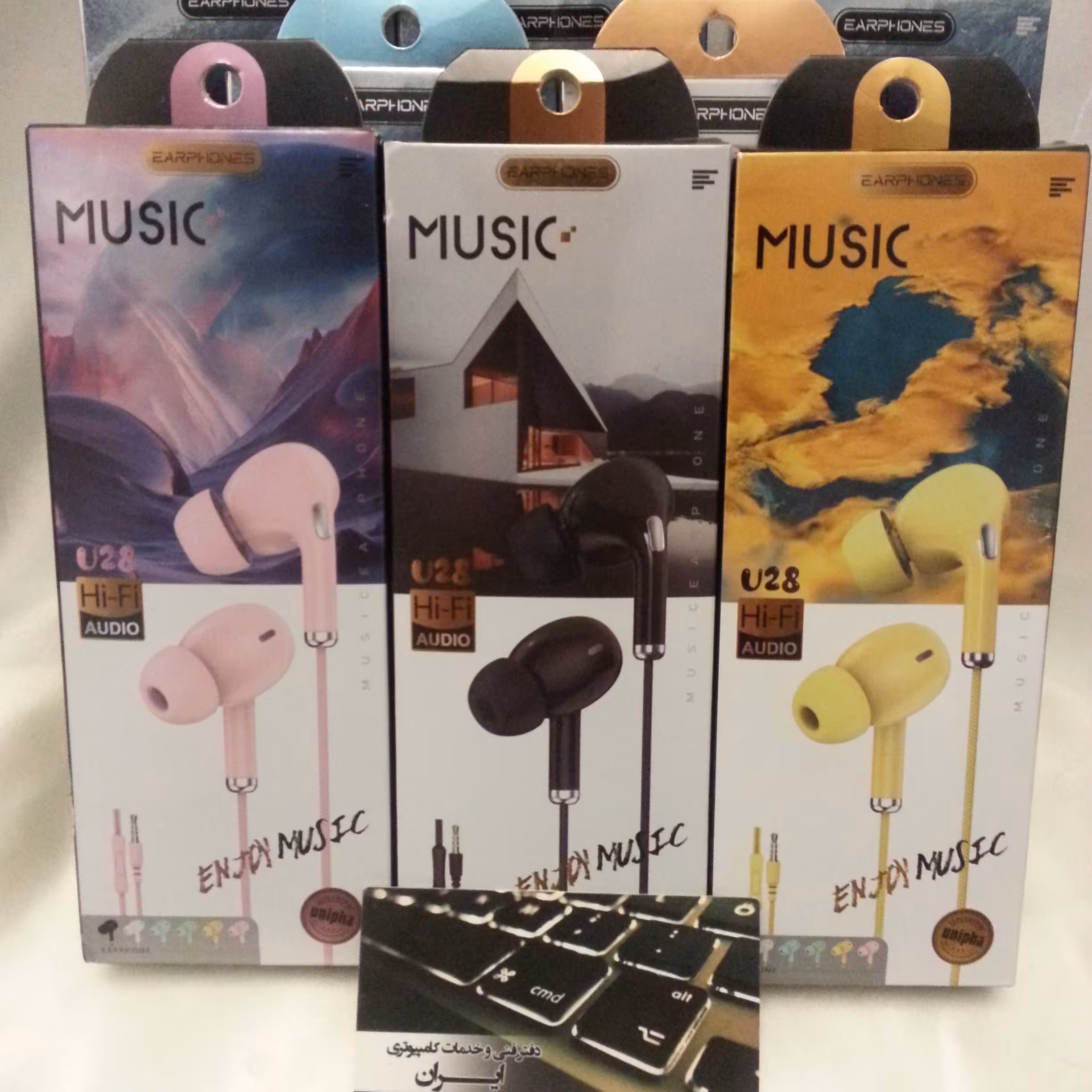 هنذفریU28,طول کابل:1متر, دارای 3رنگ صورتی و زرد و مشکی, نوع اتصال با سیم