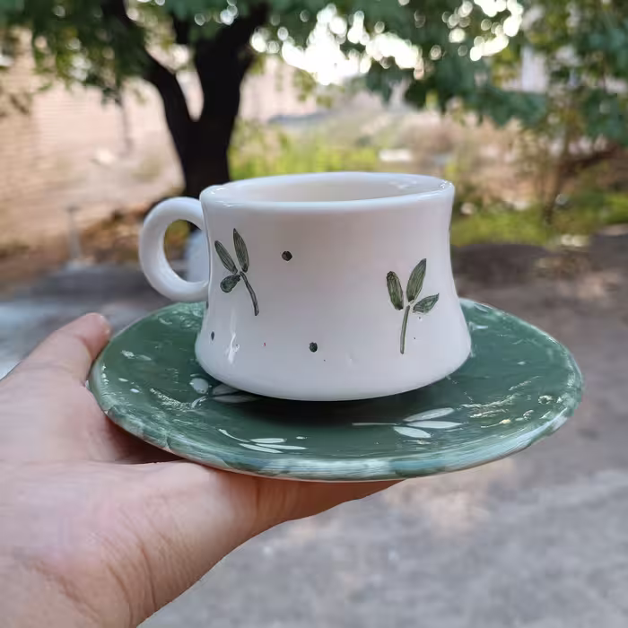 فنجان و زیر فنجانی طرح برگ سرامیکی 