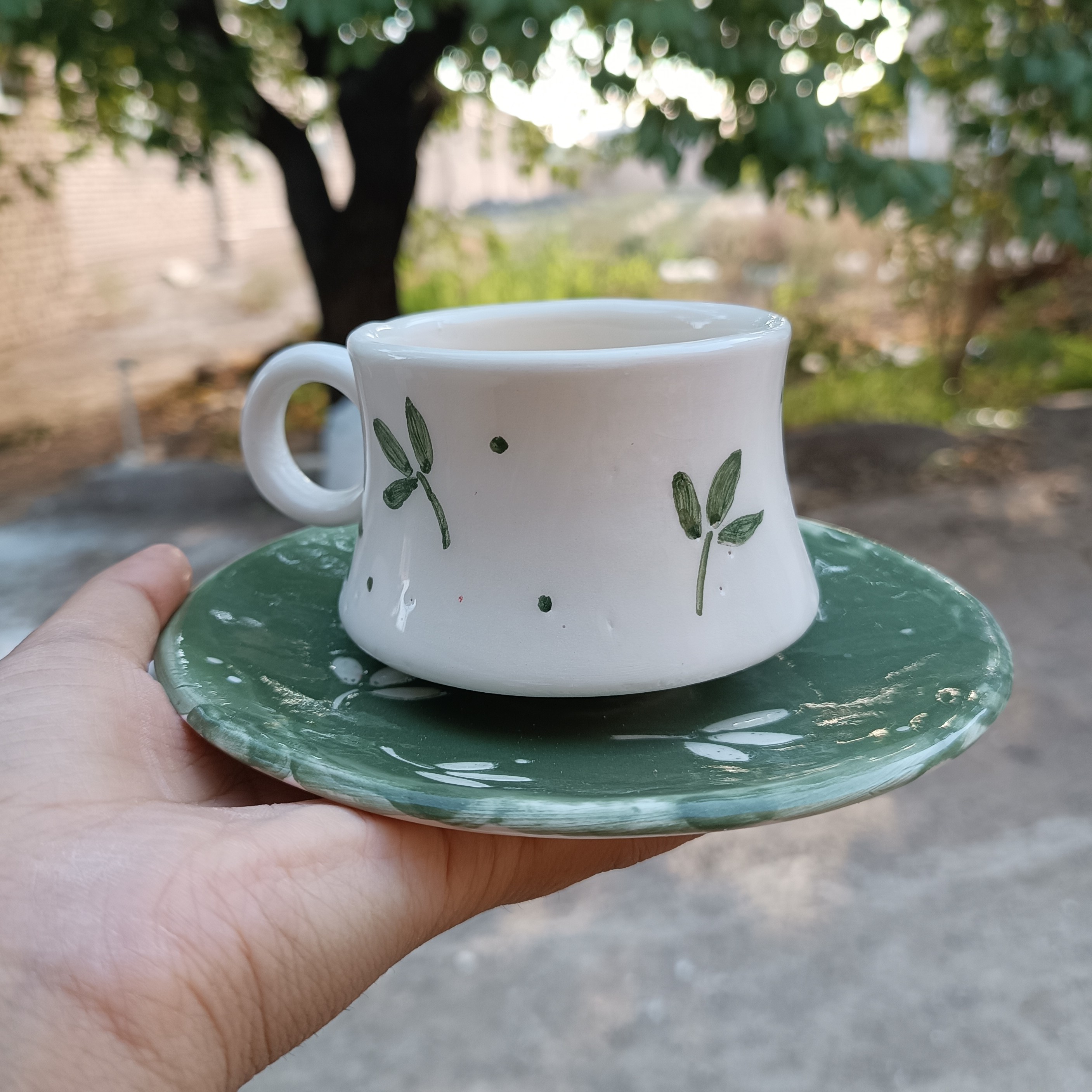 فنجان و زیر فنجانی طرح برگ سرامیکی