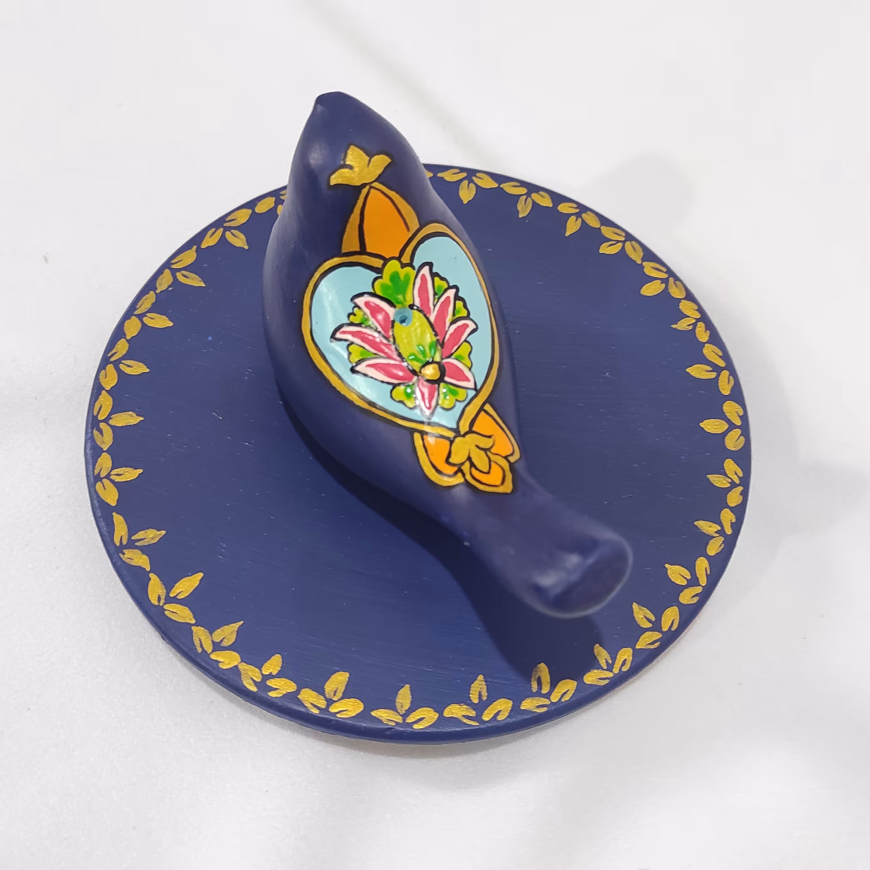 پرنده عود سوز  سرمه ای سفالی طرح تذهیب به همراه بشقاب زیره پرنده 