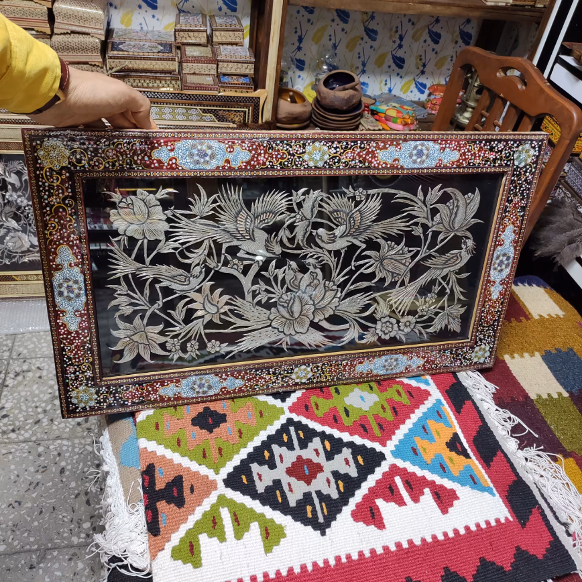 تابلو قلم زنی قاب خاتم و نقاشی مینیاتور 70 در 40 