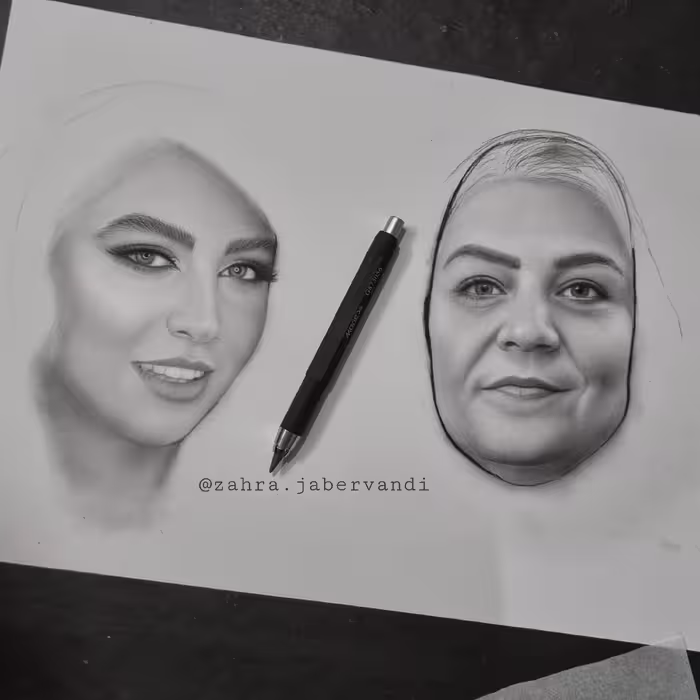 نقاشی چهره سیاه قلم دوچهره در ابعاد آ3 به سفارش مشتری سبک رئال