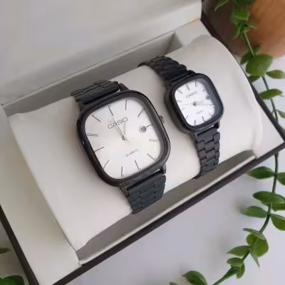 ساعت ست طرح کاسیو زنانه و مردانه بند استیل مشکی صفحه سفید