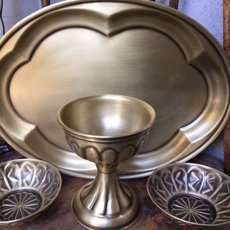 ست پذیرایی برنجی  سینی6قل بیضی5تکه رنگ آنتیک نانو شده