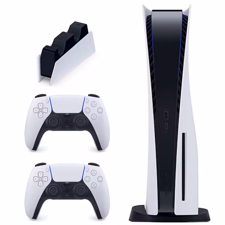 مجموعه کنسول بازی سونی مدل PlayStation 5 Slim دیسک خور همراه یک کنترلر اضافه و پایه شارژ دوال سنس