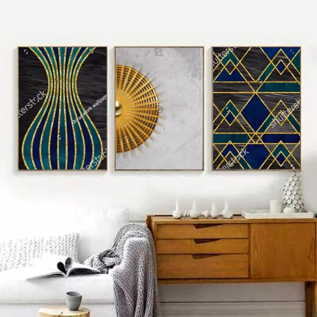 تابلو دکوراتیو انتزاعی رنگ آبی وطلایی سه تکه 