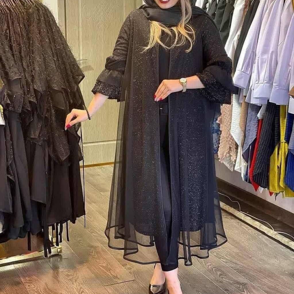 مانتو مشکی جنس لمه و تور