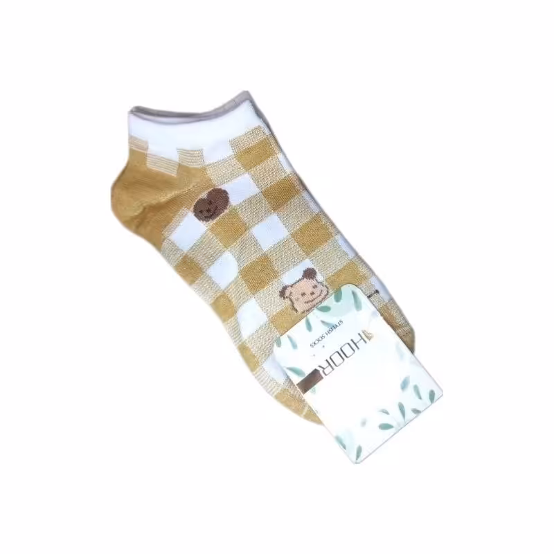 جوراب ساق کوتاه اسپرت طرح شطرنجی سفید طلایی 