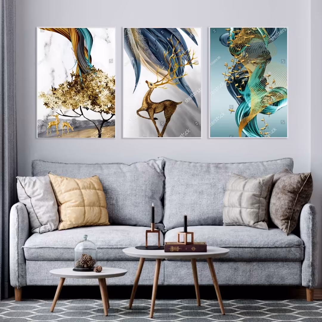 تابلو دکوراتیو طرح گوزن درخت وپرنده طلایی با زمینه رنگی سه تکه 