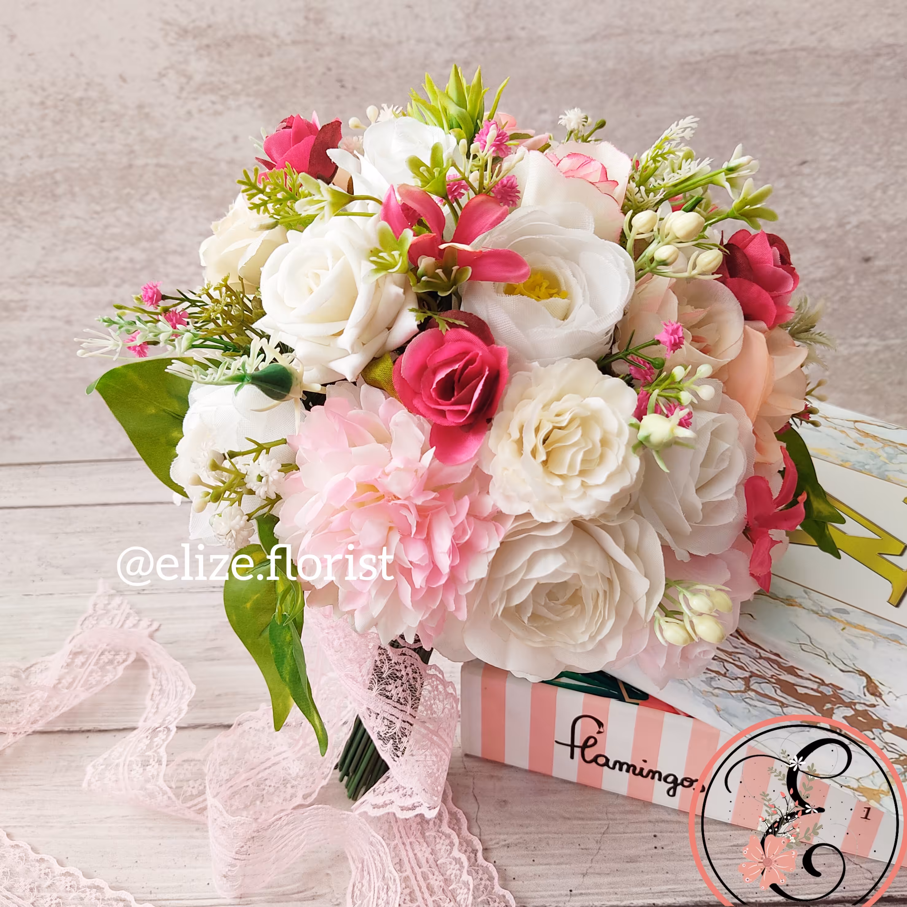 دسته گل عروس مصنوعی  تم صورتی، دسته گل ، دسته گل مصنوعی