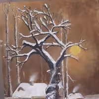 تابلو نقاشی رنگ و روغن روی بوم باموضوع منظره زمستانی وکلبه های برفی