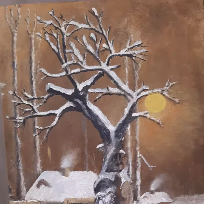 تابلو نقاشی رنگ و روغن روی بوم باموضوع منظره زمستانی وکلبه های برفی