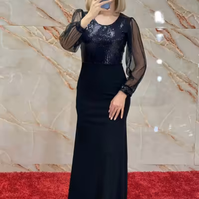 پیراهن مهمانی زنانه کرپ کش و پولک ماهین