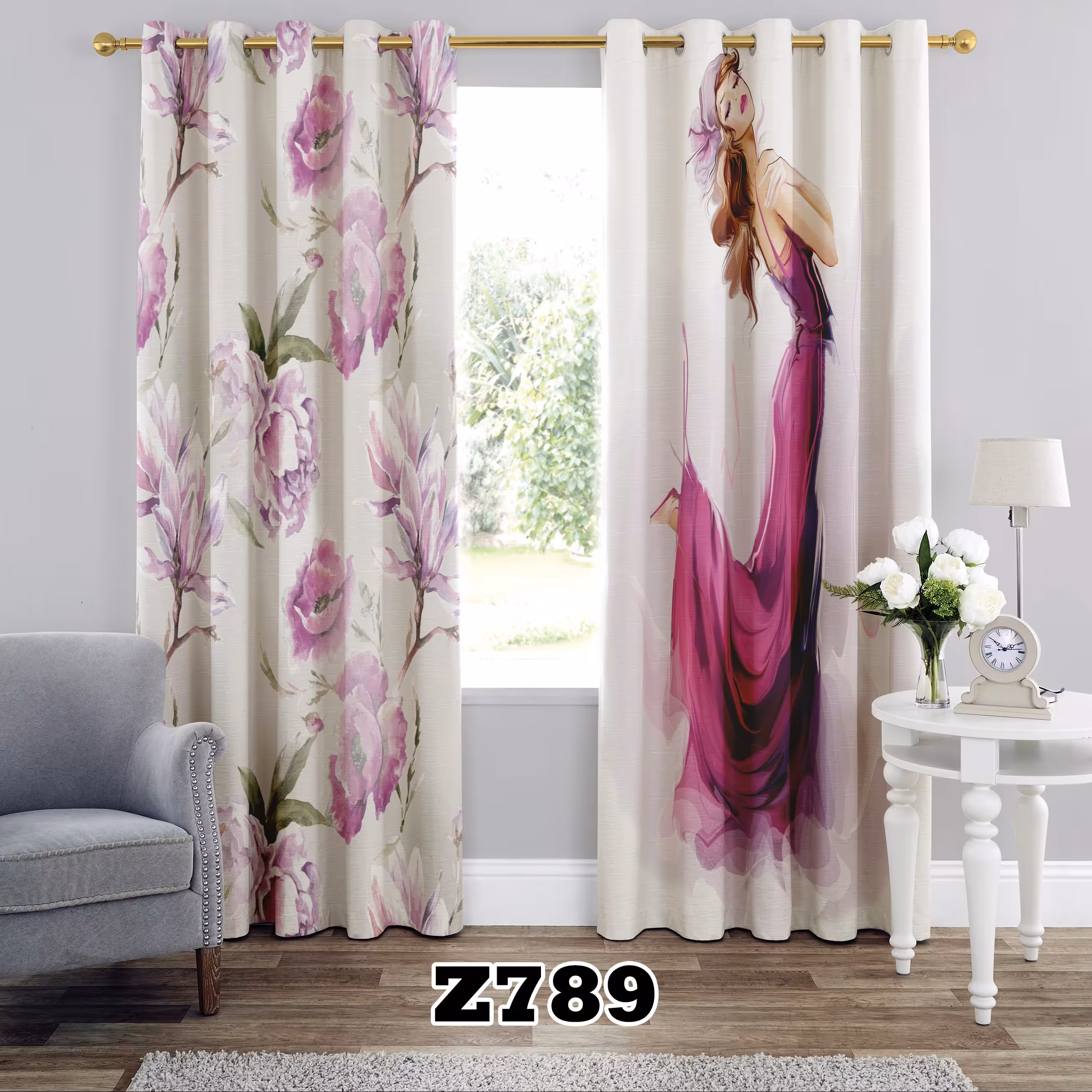پرده چاپی طرح دخترانه کد Z789 تک قواره ارتفاع 300 عرض 140 سانت
