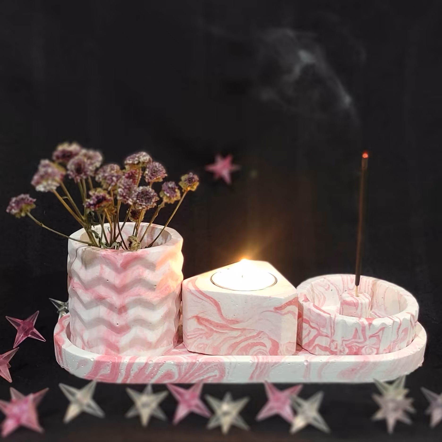 ست سنگی جا شمعی و جا عوودی و گلدان و سینی