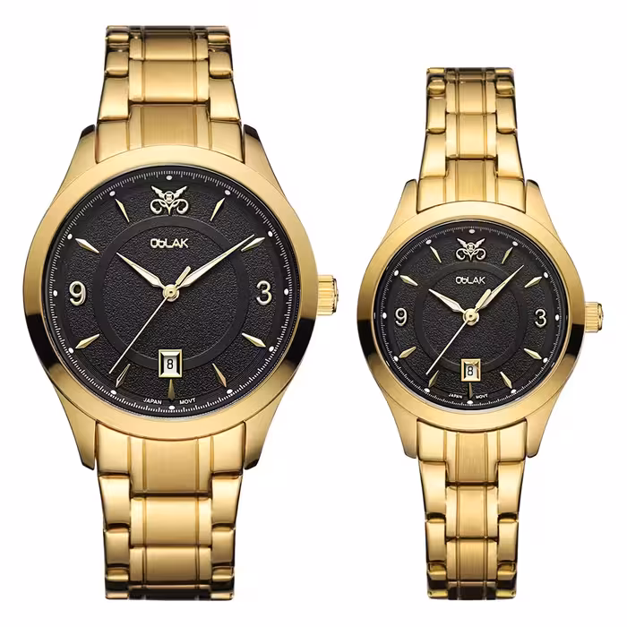 ست ساعت مچی عقربه ای زنانه و مردانه اوبلاک مدل 72700 رنگ طلایی صفحه مشکی