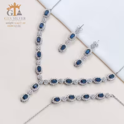 سرویس نقره زنجیری با سنگ یاقوت کبود عیار 925 کد 12155