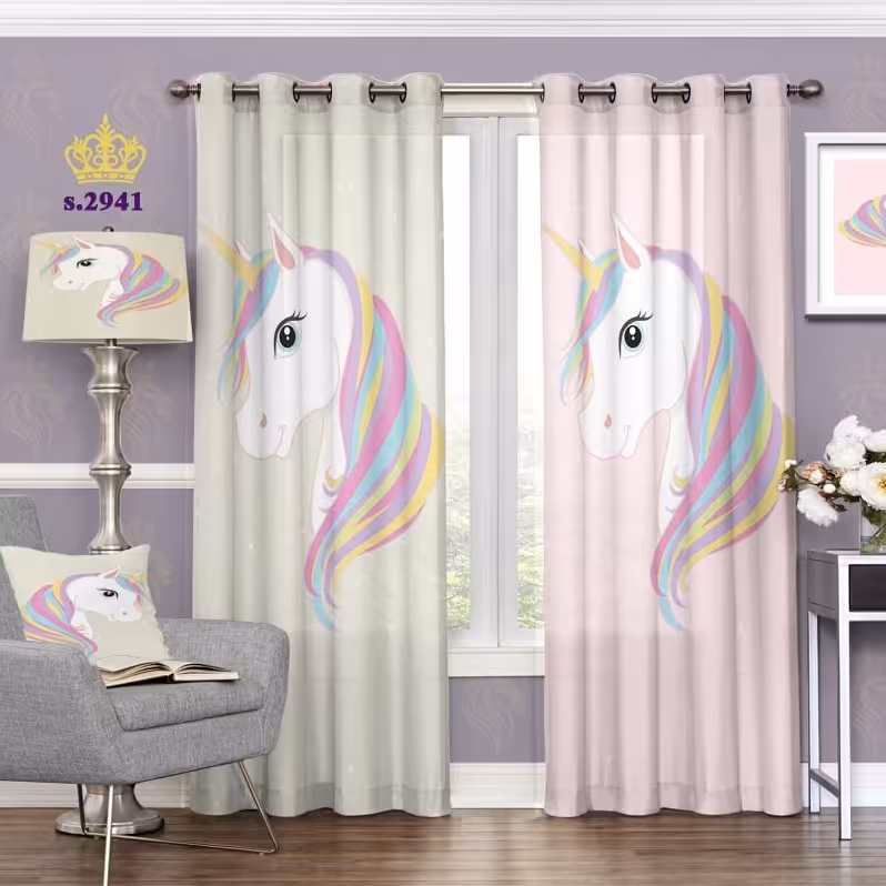 پرده اتاق خواب دخترانه دو قواره طرح کارتونی یونیکورن کد S2941