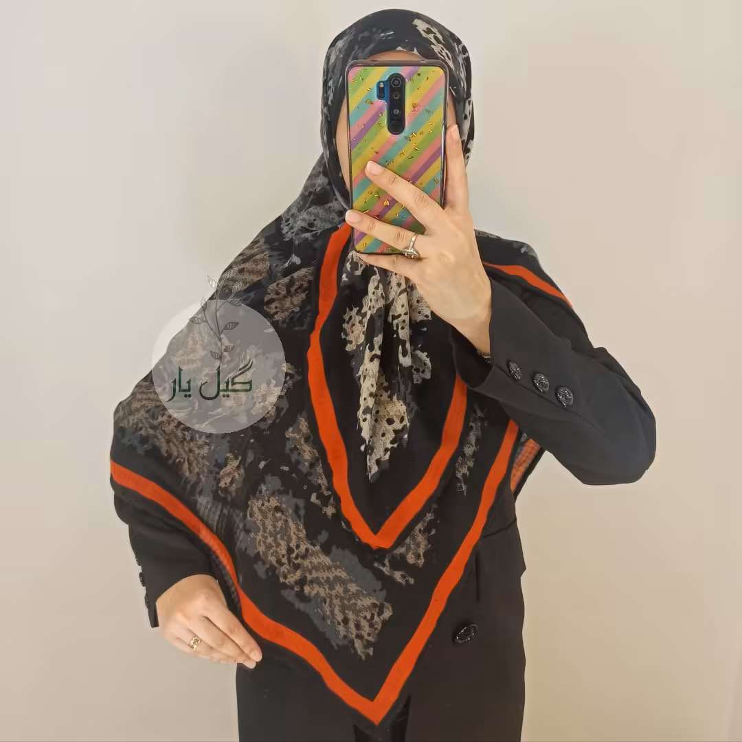 روسری نخی پاییزه حاشیه نارنجی  قواره 120 ( با کیفیت و ایستایی بالا)