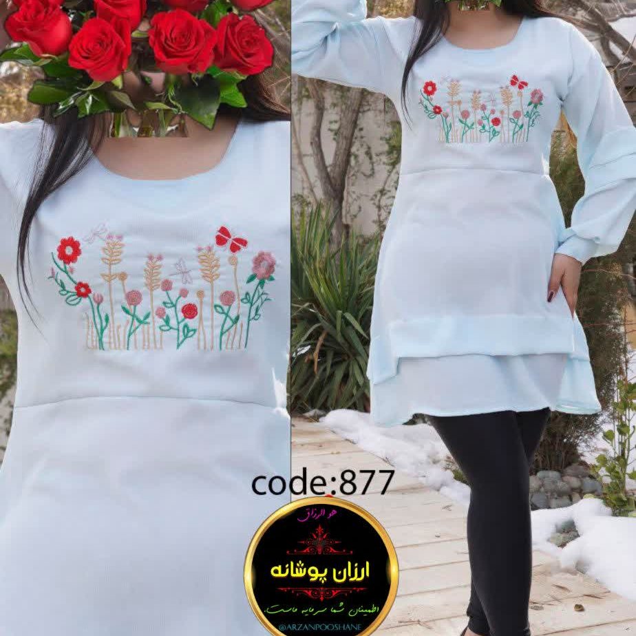 تونیک زنانه گل دوزی روی سینه طرح گل و پروانه