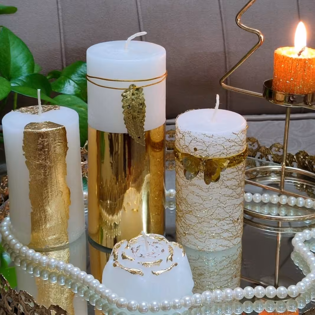 ست شمع استوانه ورقه طلا دکوراتیو