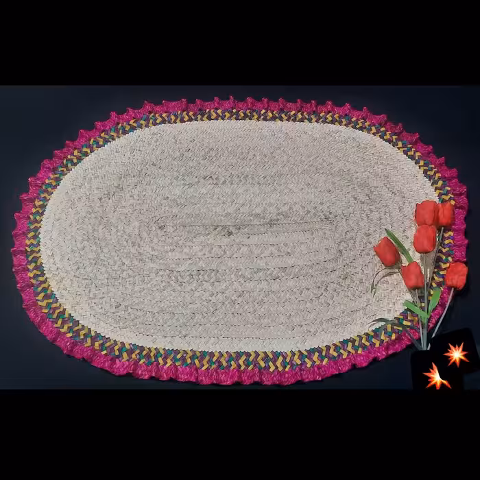 سفره حصیری بافت بیصی 6نفره حاشیه دار دورچین .در رنگهای صورتی بنفش زرد قرمز