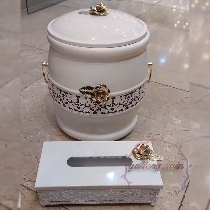 سطل و دستمال پذیرایی کویین سفید گلدار 