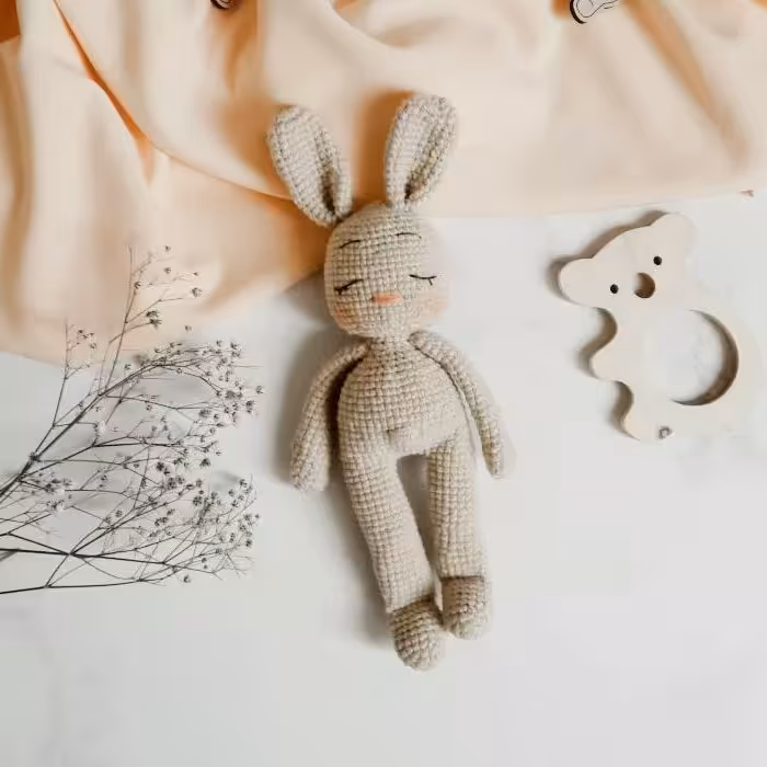 عروسک سیسمونی نوزاد/سیسمونی شیک/عروسک خرگوش چشم بسته /عروسک دستبافت