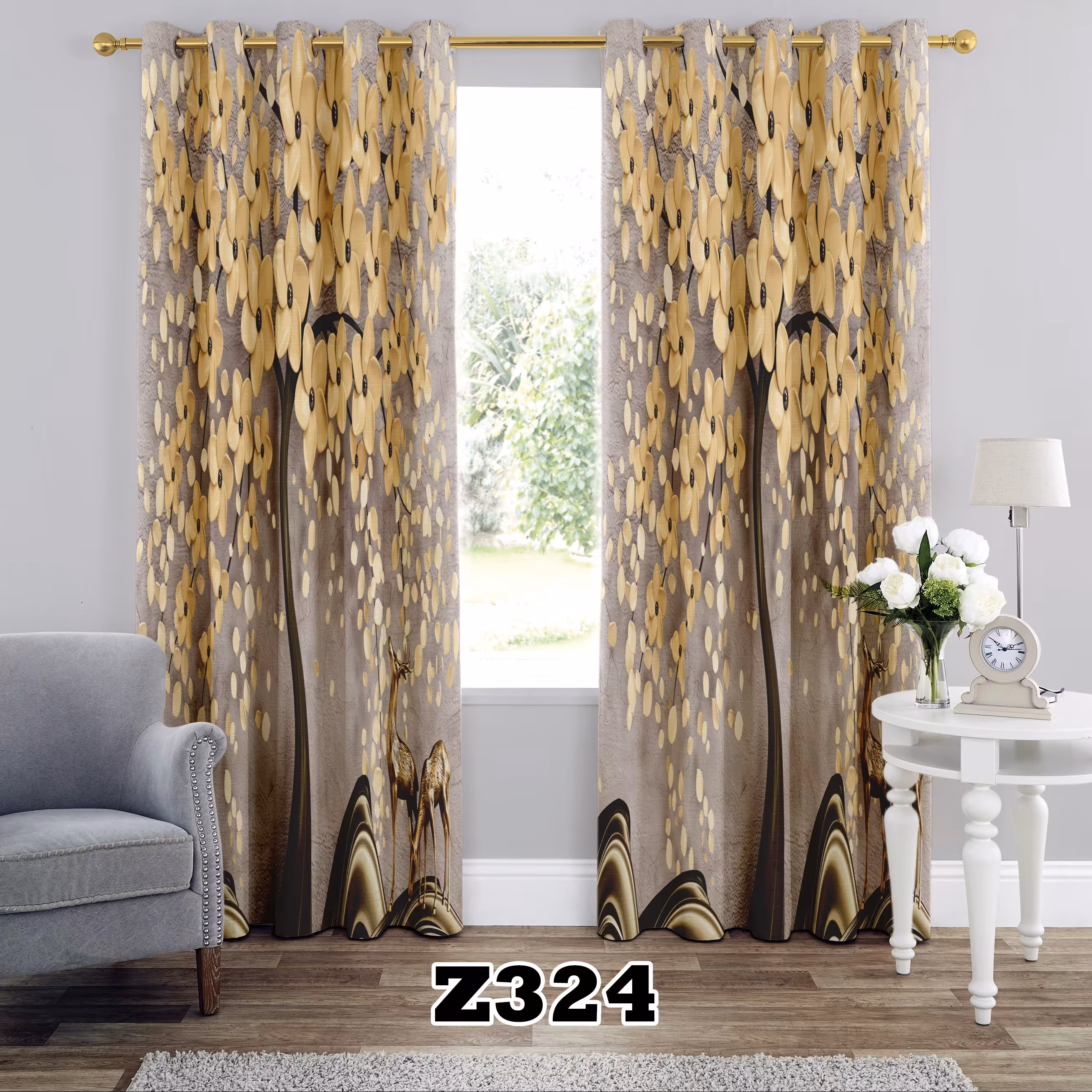 پرده چاپی طرح درخت کد Z324 تک قواره ارتفاع 300 عرض 140 سانت