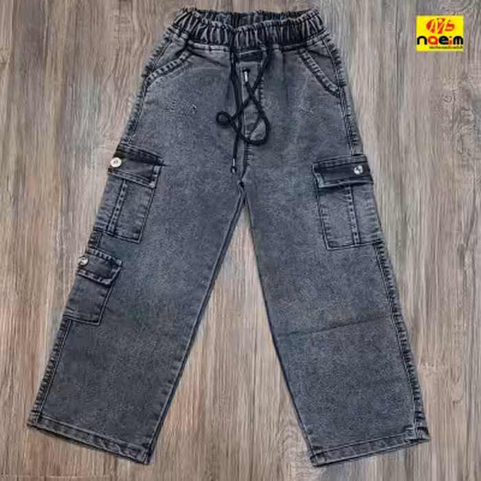 شلوار لی کارگو نیم بگ شش جیب کمر کش پسرانه دخترانه سایز 75 سنین 7 تا 8