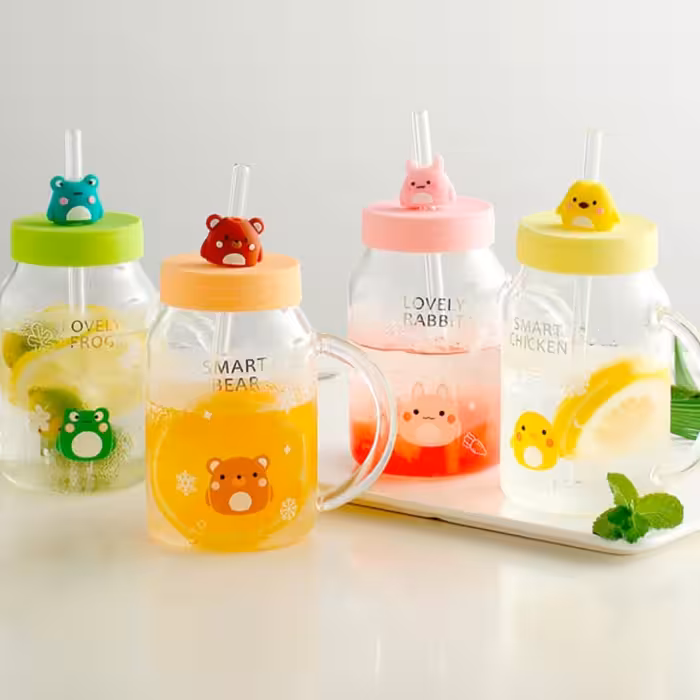 ماگ شیشه ای درب سیلیکونی طرح حیوانات