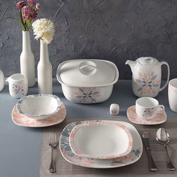 سرویس چینی زرین 6 نفره طرح سلنا صورتی قالب کواترو 27 پارچه